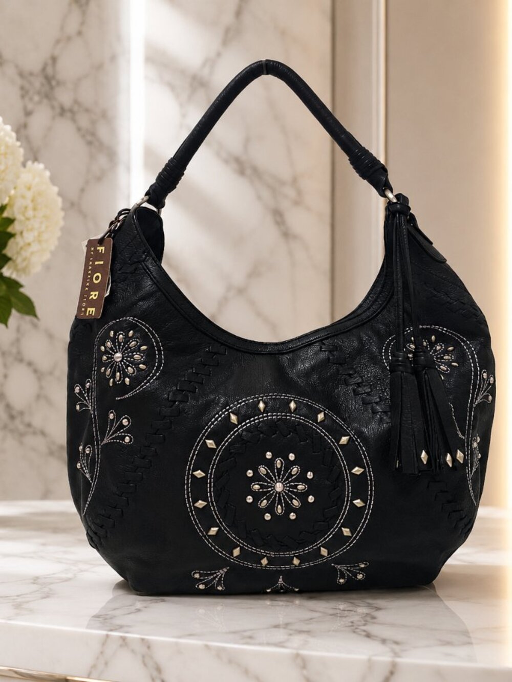 Fiore by Isabella Fiore Black Leather Studded Floral Hobo Bag Whipstitch Tassel